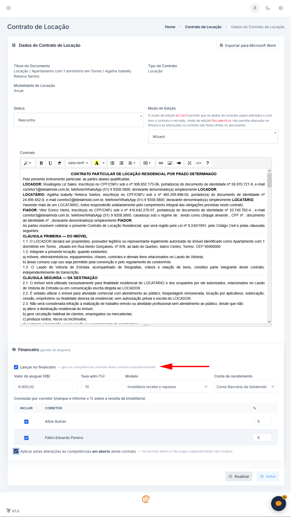 Tela de aluguéis do Ideiaimobi com competências mensais geradas automaticamente
