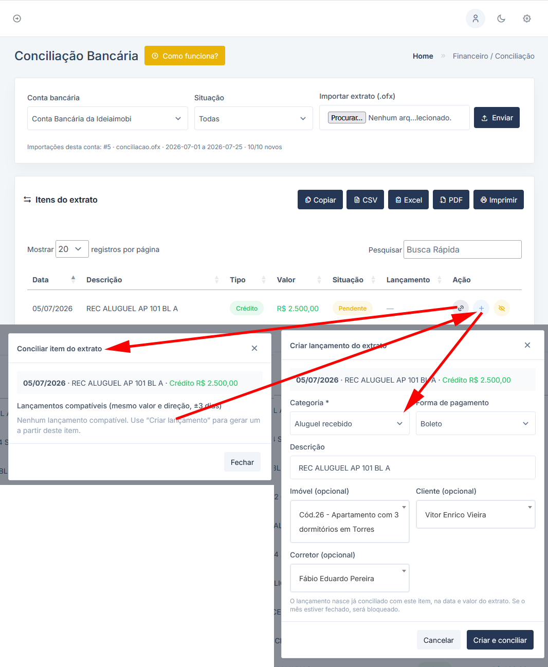 Tela de conciliação bancária com sugestão de correspondências
