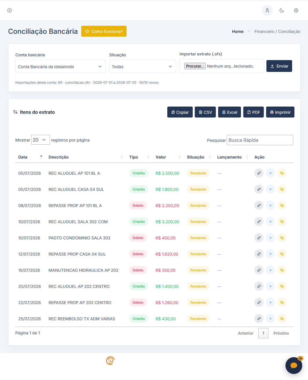 Importação de extrato bancário OFX no Ideiaimobi